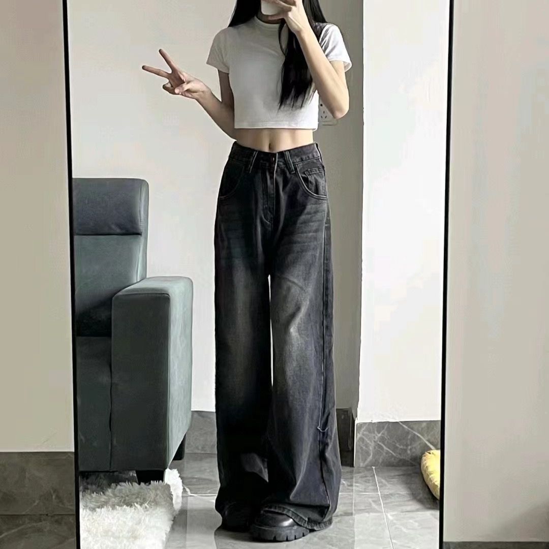 慵懶風穿搭闊腿牛仔褲女秋冬ins復古高腰直筒寬鬆垂感拖地長褲子