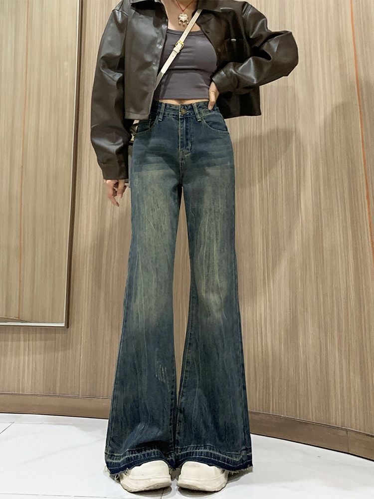 復古微喇牛仔褲女2023年秋季新款美式高腰寬鬆顯瘦直筒喇叭褲子潮