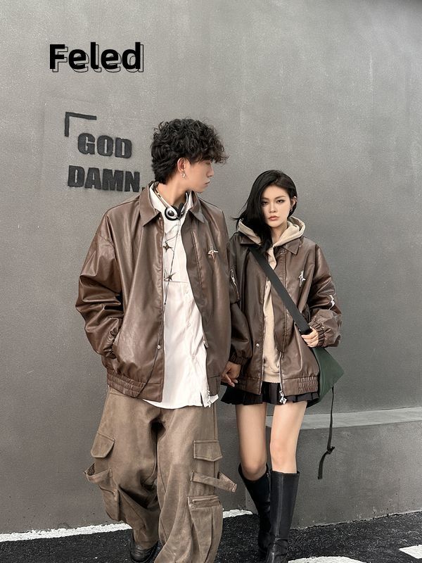 Feila Denton retro brown leather jacket for men and women ins American street motorcycle style couple jacket top