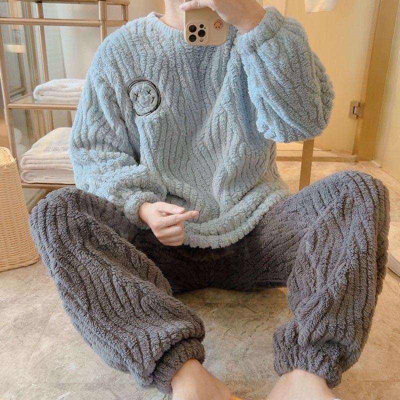 珊瑚絨睡衣男秋冬季加絨加厚長袖網紅款學生可愛法蘭絨家居服套裝