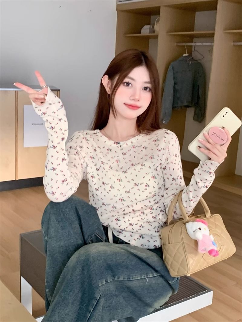 純欲軟糯碎花針織衫秋季新款女小眾氣質百搭修身顯瘦打底長袖上衣