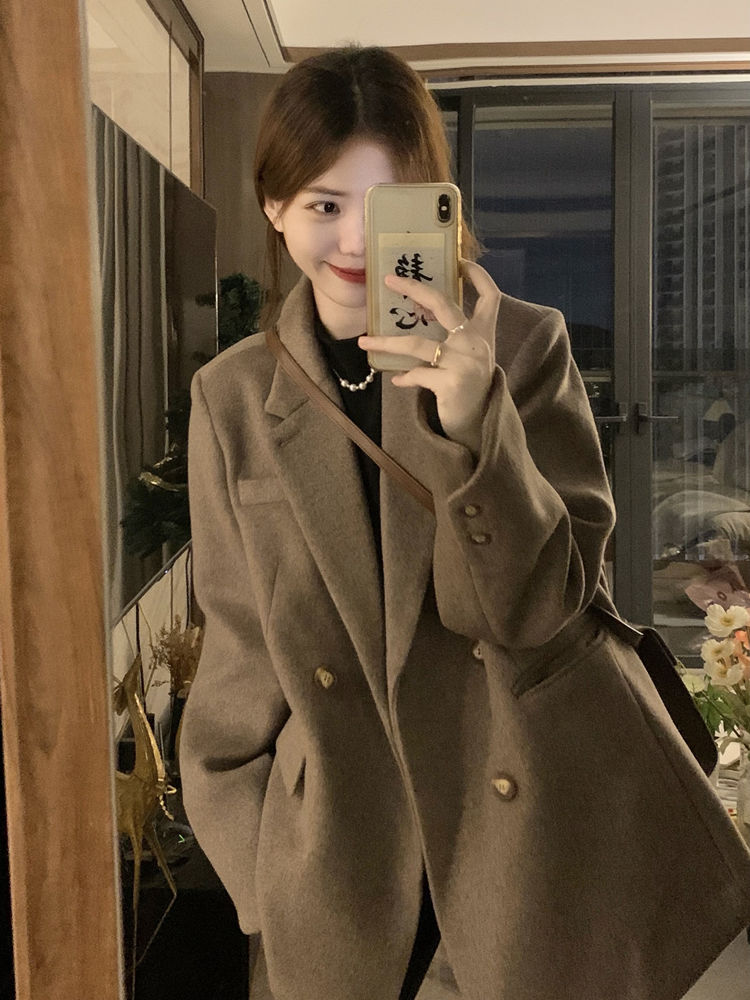 高級感西裝毛呢外套女2023秋冬季新款復古小個子寬鬆加厚呢子大衣