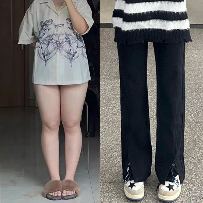 大碼胖mm復古高腰開叉直筒牛仔褲女春秋新款顯瘦遮胯寬鬆闊腿褲子