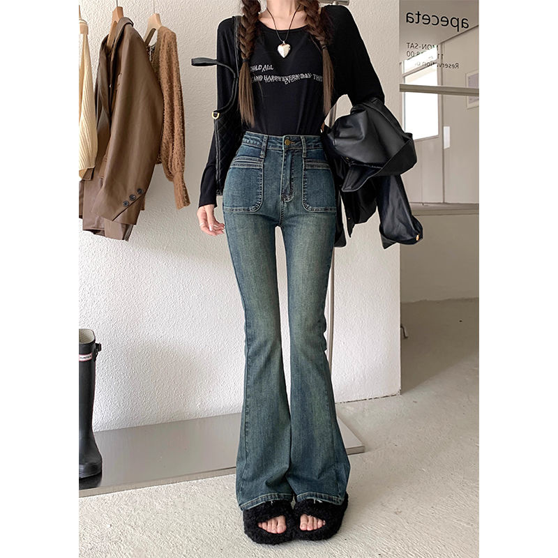 簡易喇叭牛仔褲女秋季韓版2023新款辣妹高腰顯瘦時尚設計感長褲子