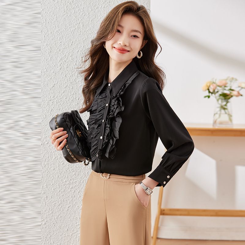黑色襯衫女2023新款春秋長袖設計感小眾職業氣質上衣女士襯衣套裝
