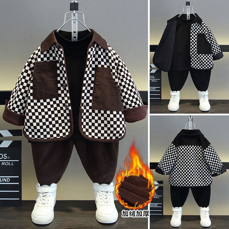 男童裝冬季加絨加厚套裝兒童酷帥韓版棉服三件套寶寶時髦冬裝衣服