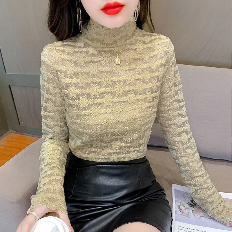 加絨蕾絲打底衫女秋冬2023年新款時尚洋氣內搭小衫長袖網紗上衣