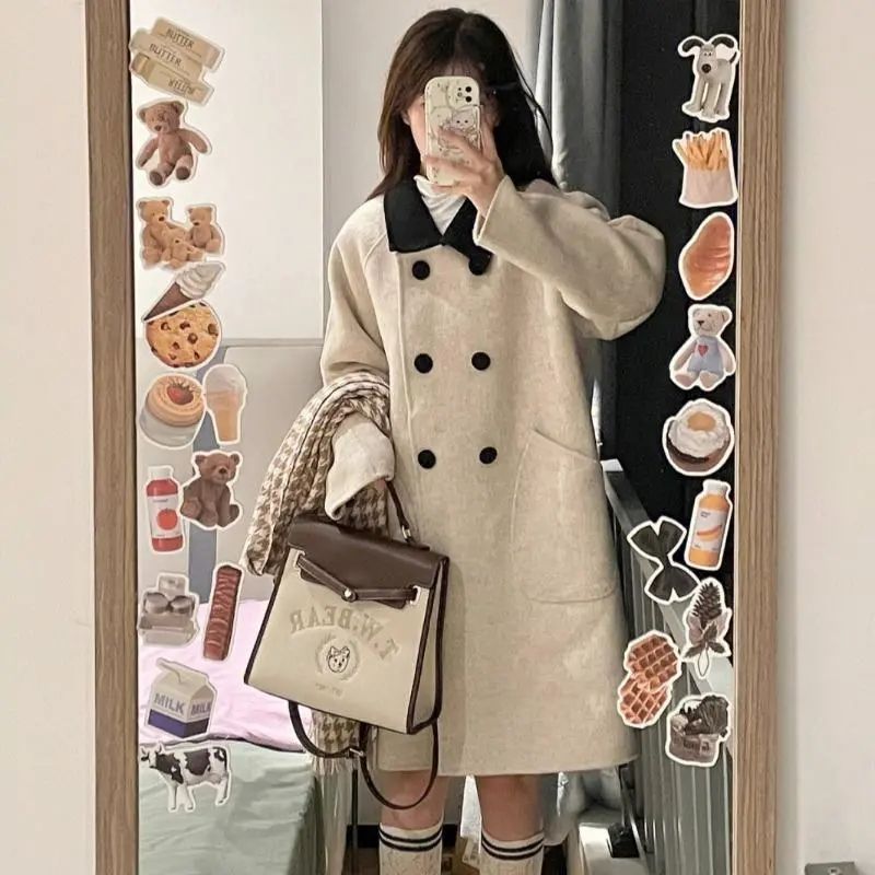 減齡娃娃領長袖毛呢外套女秋冬法式氣質雙排扣中長款寬鬆呢子大衣