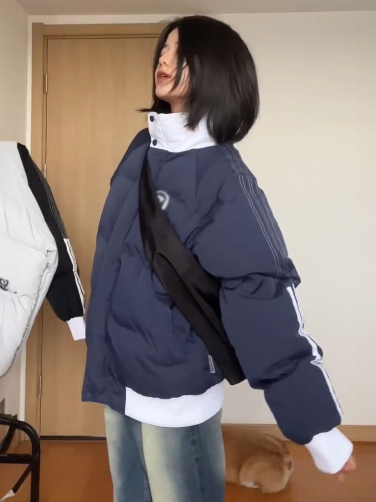 2023冬季新款條紋撞色棉服女寬鬆立領麵包服學生百搭棉衣加厚外套