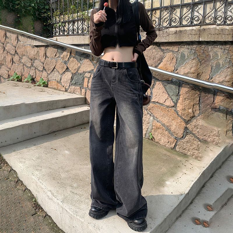高街ins闊腿褲辣妹風美式復古黑灰寬鬆顯瘦垂感拖地直筒牛仔褲女