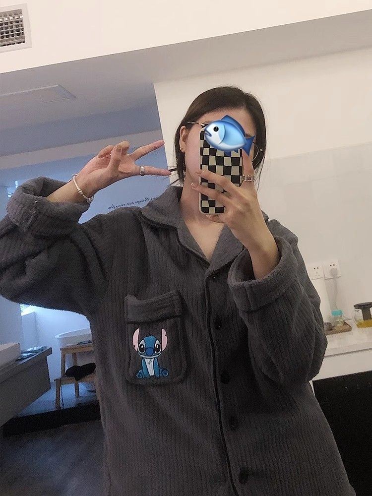 韓版法蘭絨睡衣寬鬆女秋冬季卡通史迪仔新款珊瑚絨加厚套裝家居服
