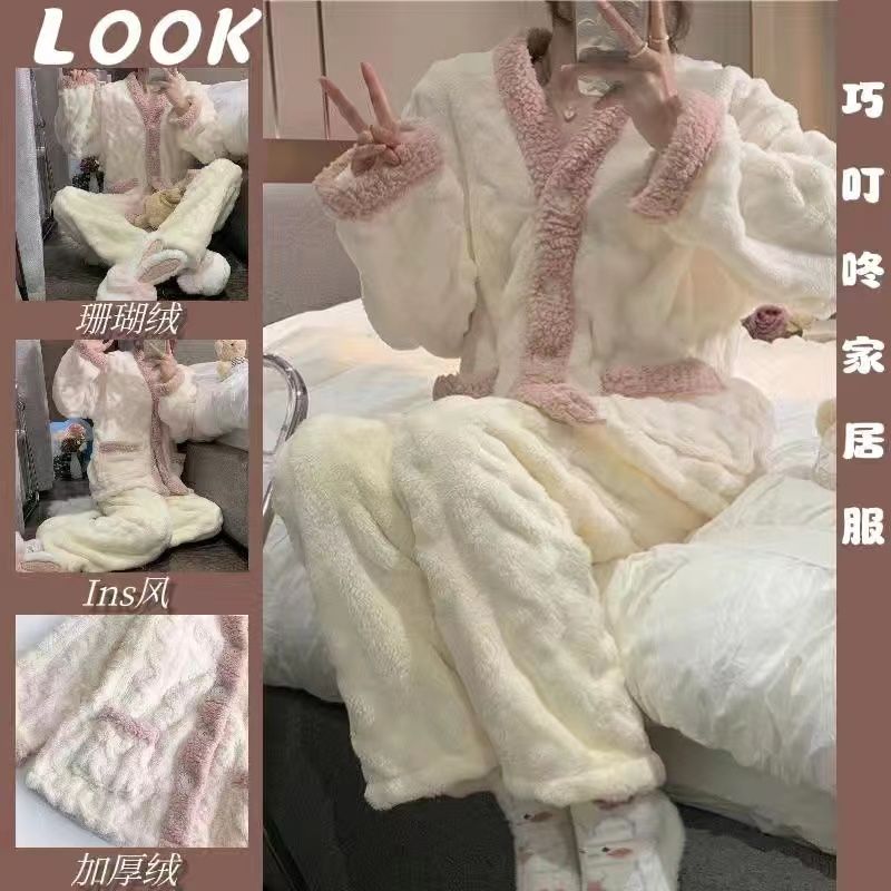 珊瑚絨睡衣女秋冬季可愛寬鬆加厚冬天女士法蘭絨家居服可外穿套裝