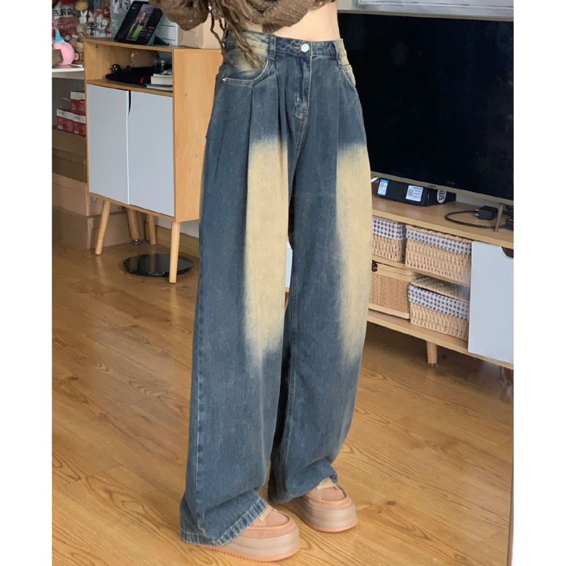 復古做舊褶皺高腰闊腿牛仔褲女春秋小個子直筒寬鬆顯瘦垂感拖地褲