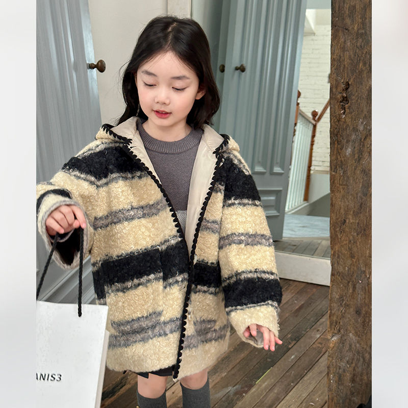女童時髦條紋毛呢大衣冬裝新款中小童連帽保暖外套上衣潮兒童大衣