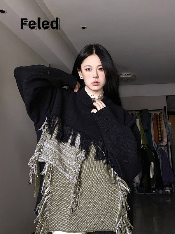 飛拉丹頓時尚設計感流蘇拼接針織毛衣男女小眾休閒百搭針織潮上衣