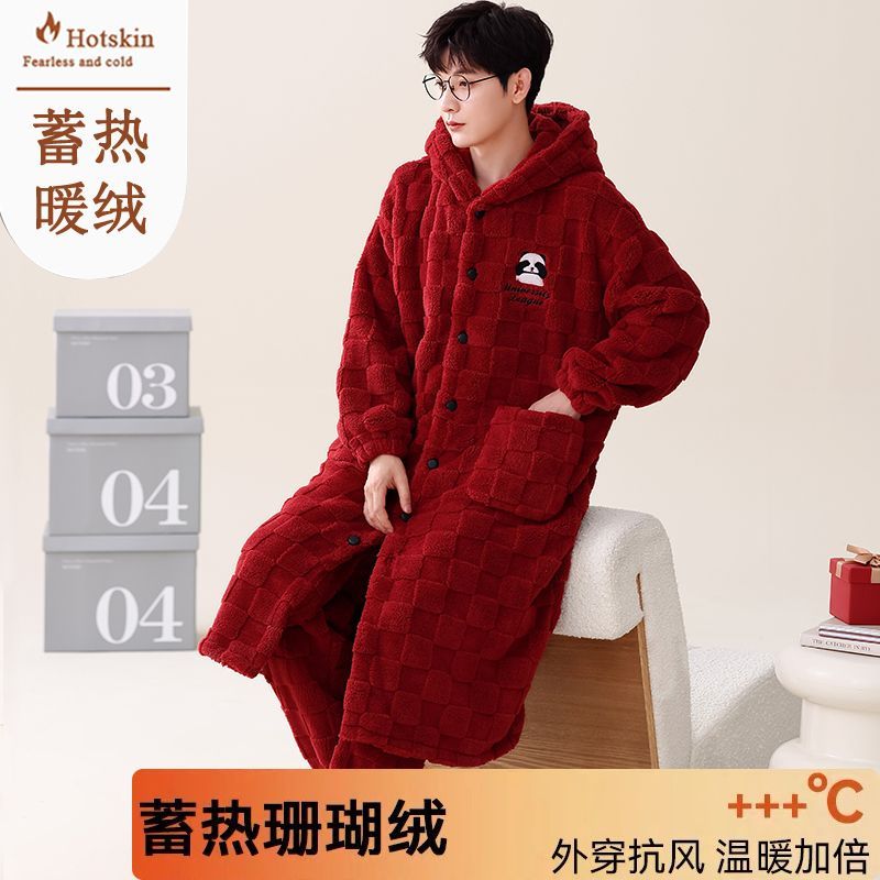 高檔珊瑚絨男士睡袍秋冬季保暖絨睡衣套裝冬天法蘭絨家居服可外穿