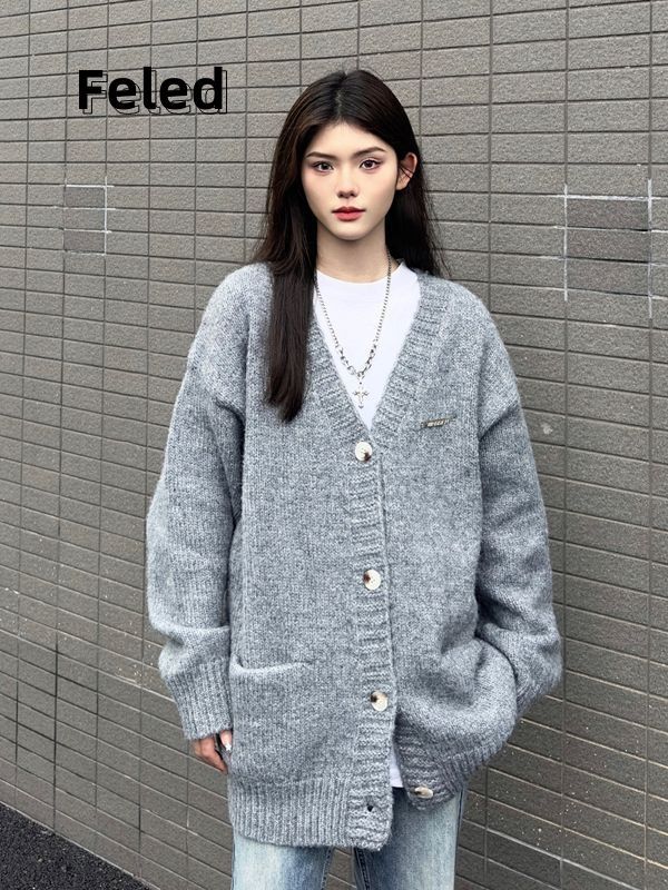 飛拉丹頓美式復古V領針織開衫毛衣男女寬鬆顯瘦百搭慵懶風ins外套