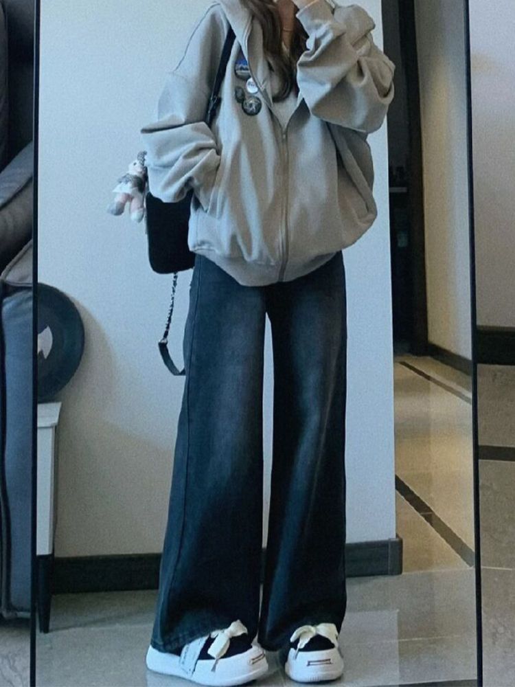 黑灰色百搭高腰牛仔褲女美式復古顯高直筒寬鬆顯瘦垂感拖地褲ins