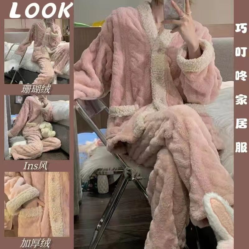2023秋冬新款加絨加厚珊瑚絨睡衣女長袖甜美可愛保暖家居服兩件套