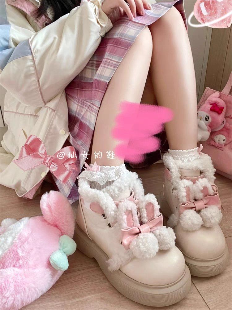 可愛蝴蝶結厚底雪地靴女2023冬季新款保暖加絨加厚短筒Lolita棉靴