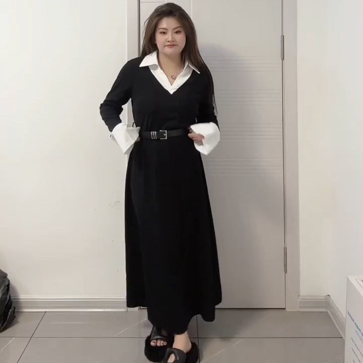 Plus size spring and autumn new hot girl black long-sleeved fake two-piece dress women's waist slimming design skirt