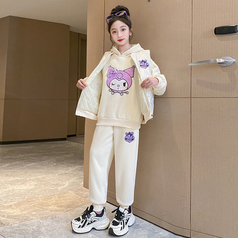 Girls' autumn and winter suits, older children's Kuromi cartoon velvet thickened vest, sweatshirt and sweatpants casual three-piece set