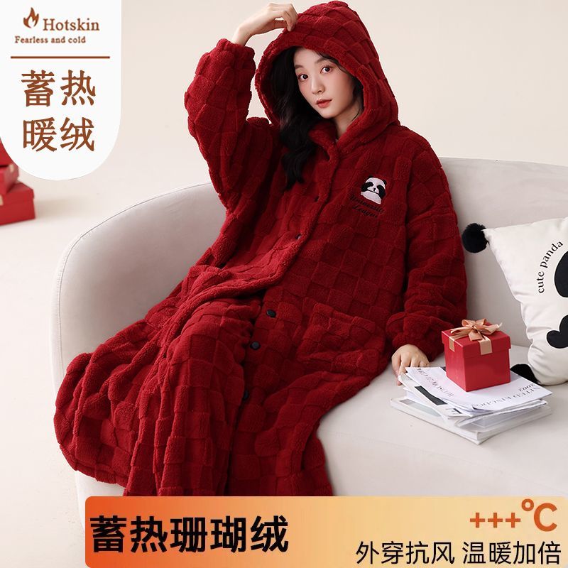 珊瑚絨高檔睡袍女士秋冬季保暖絨睡衣套裝冬天可外穿法蘭絨家居服