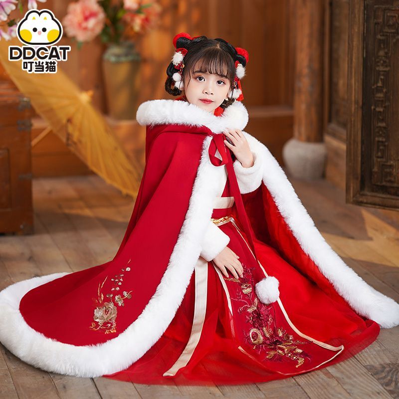 叮噹貓拜年服女童冬季加絨過年唐裝古裝漢服兒童冬裙加厚新年套裝