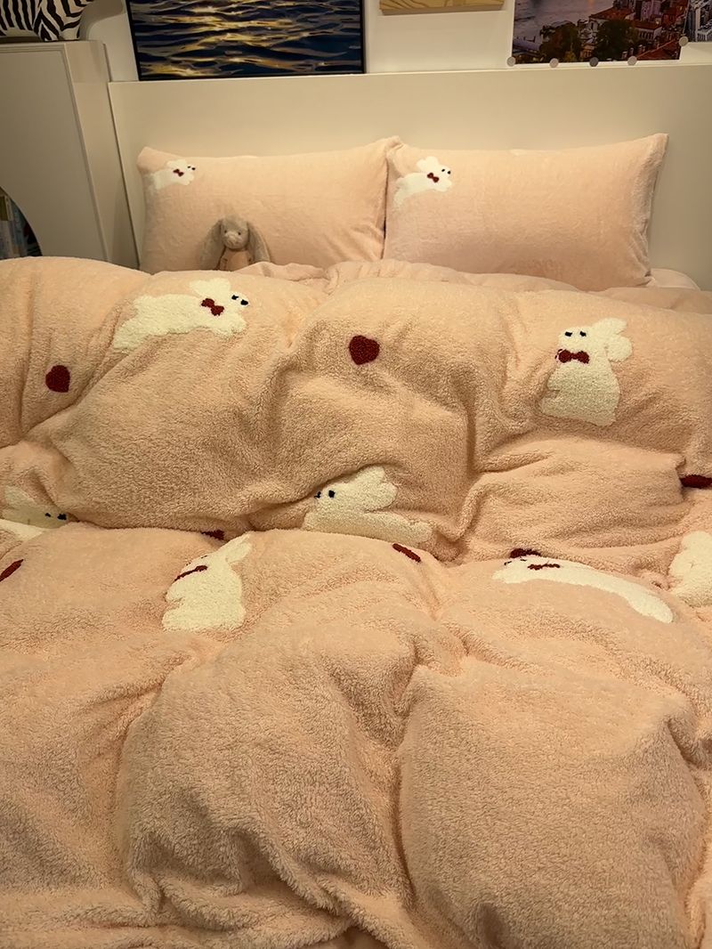 冬季保暖粉色兔毛巾绣舒棉绒四件套加厚牛奶珊瑚绒被套床单三件套