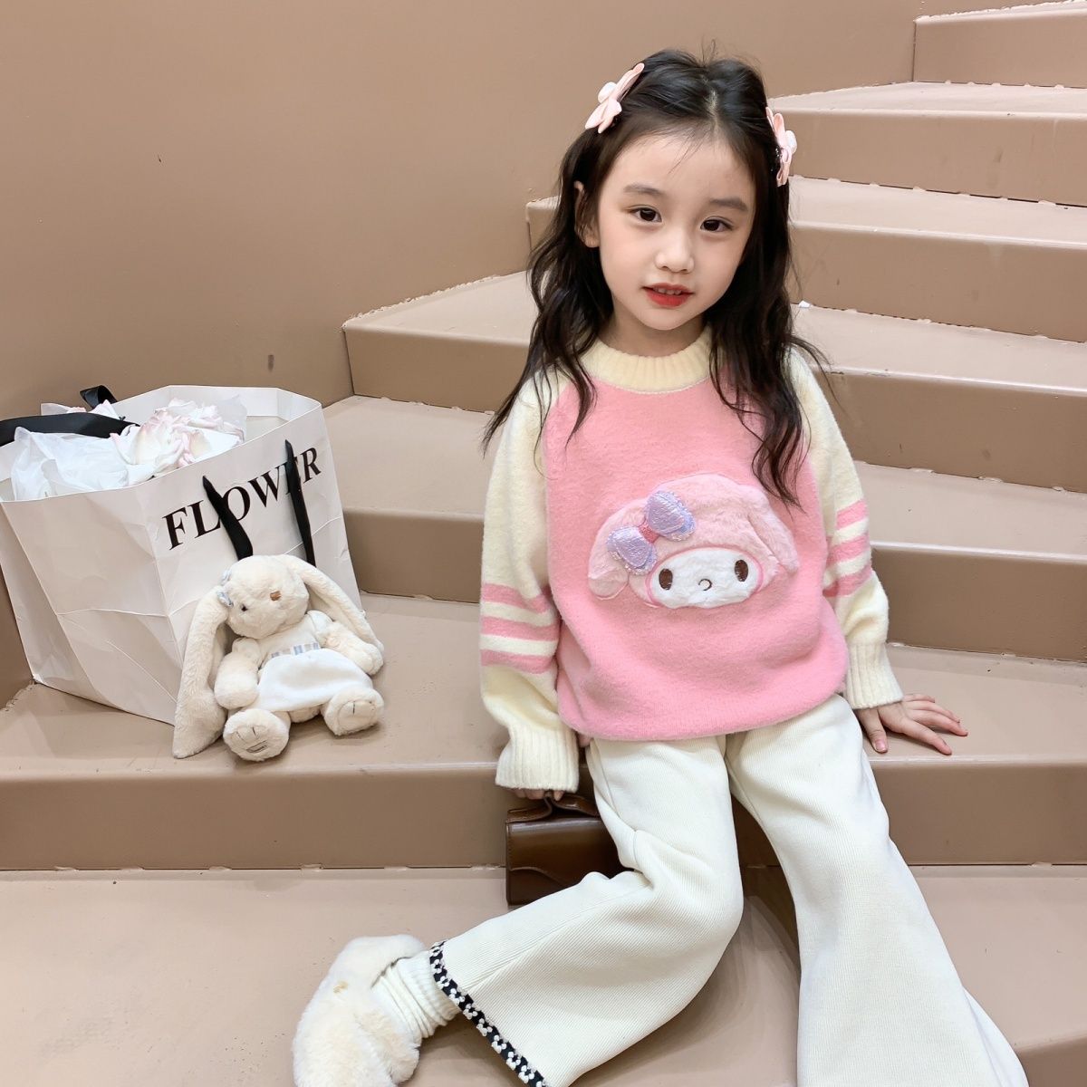女童毛衣秋冬2023新款洋氣庫洛米中大童加厚韓版圓領套頭打底針織