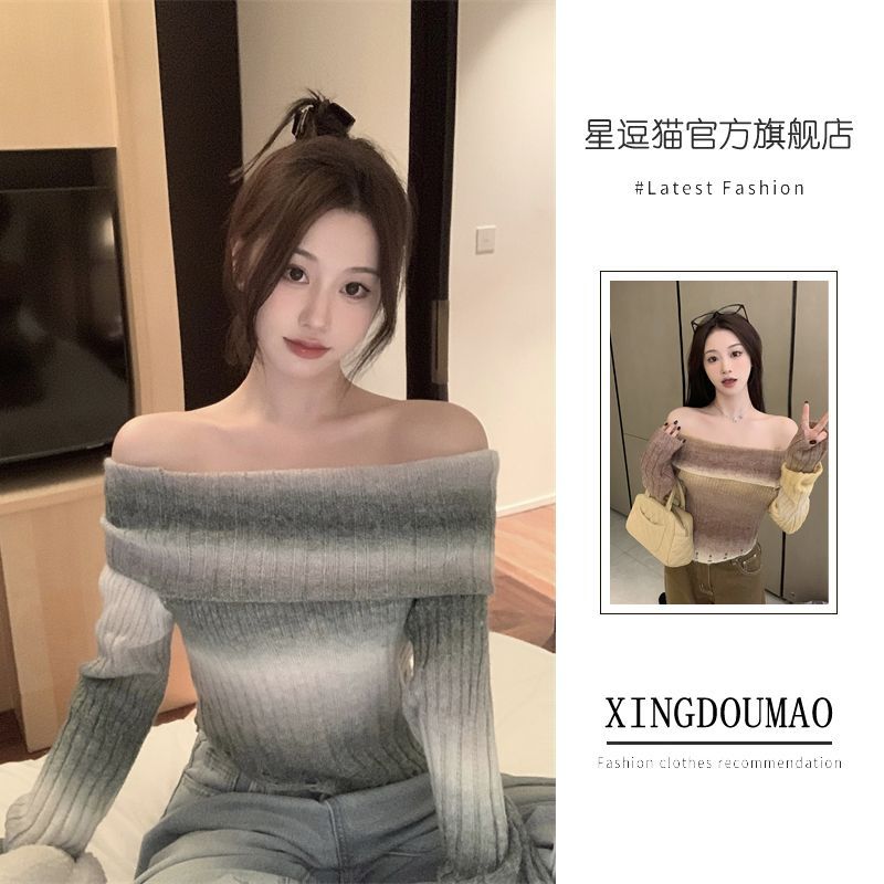 漸變色毛衣女2023秋冬新款慵懶風復古別致短款暈染一字肩針織上衣