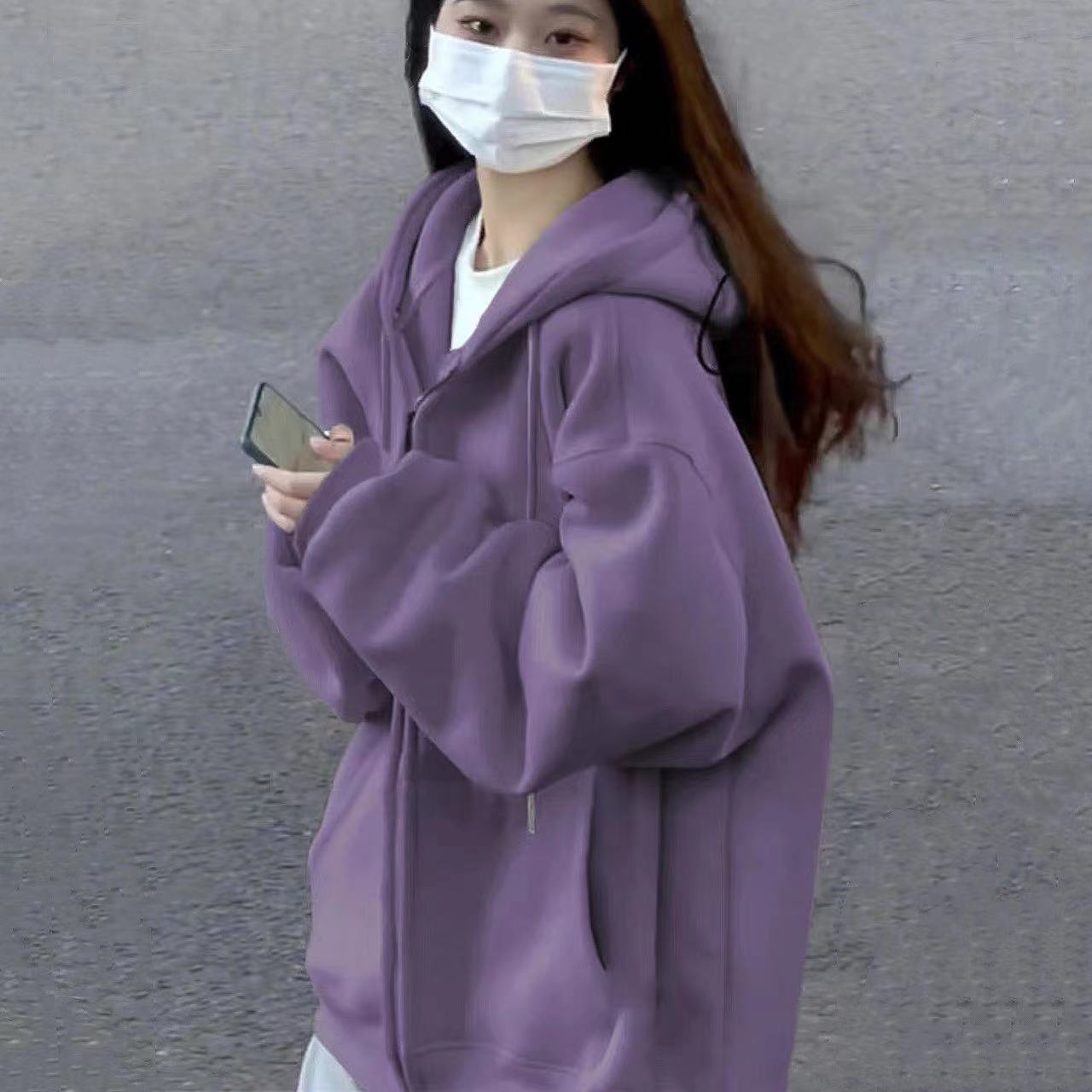 美式chic紫色連帽衛衣女2023春秋款寬鬆垂墜感法式慵懶風外套開衫
