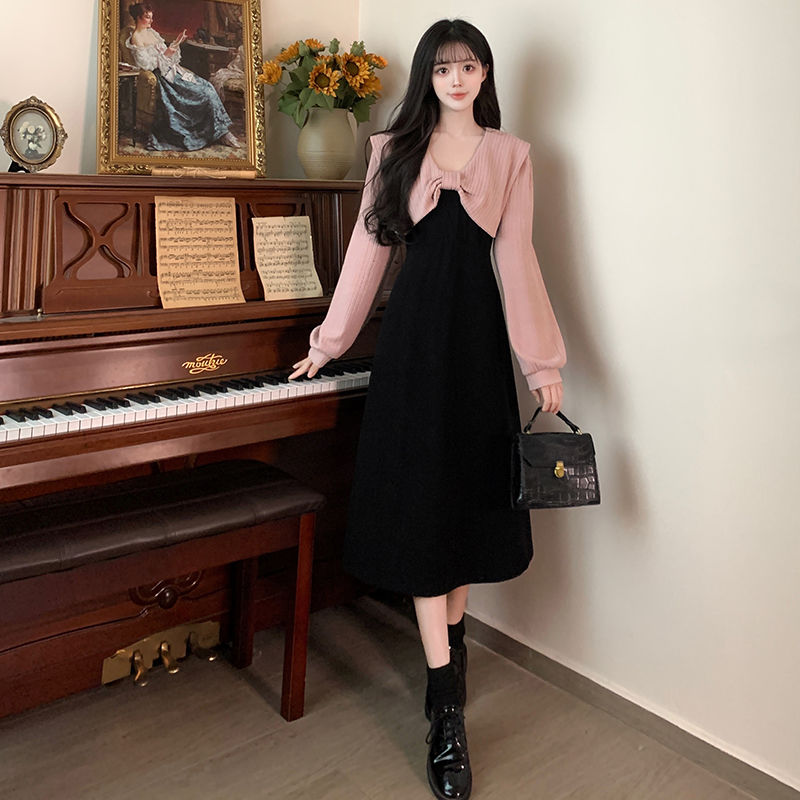 大碼法式赫本風洋氣假兩件連衣裙女秋冬胖mm遮肚子減齡顯瘦裙子