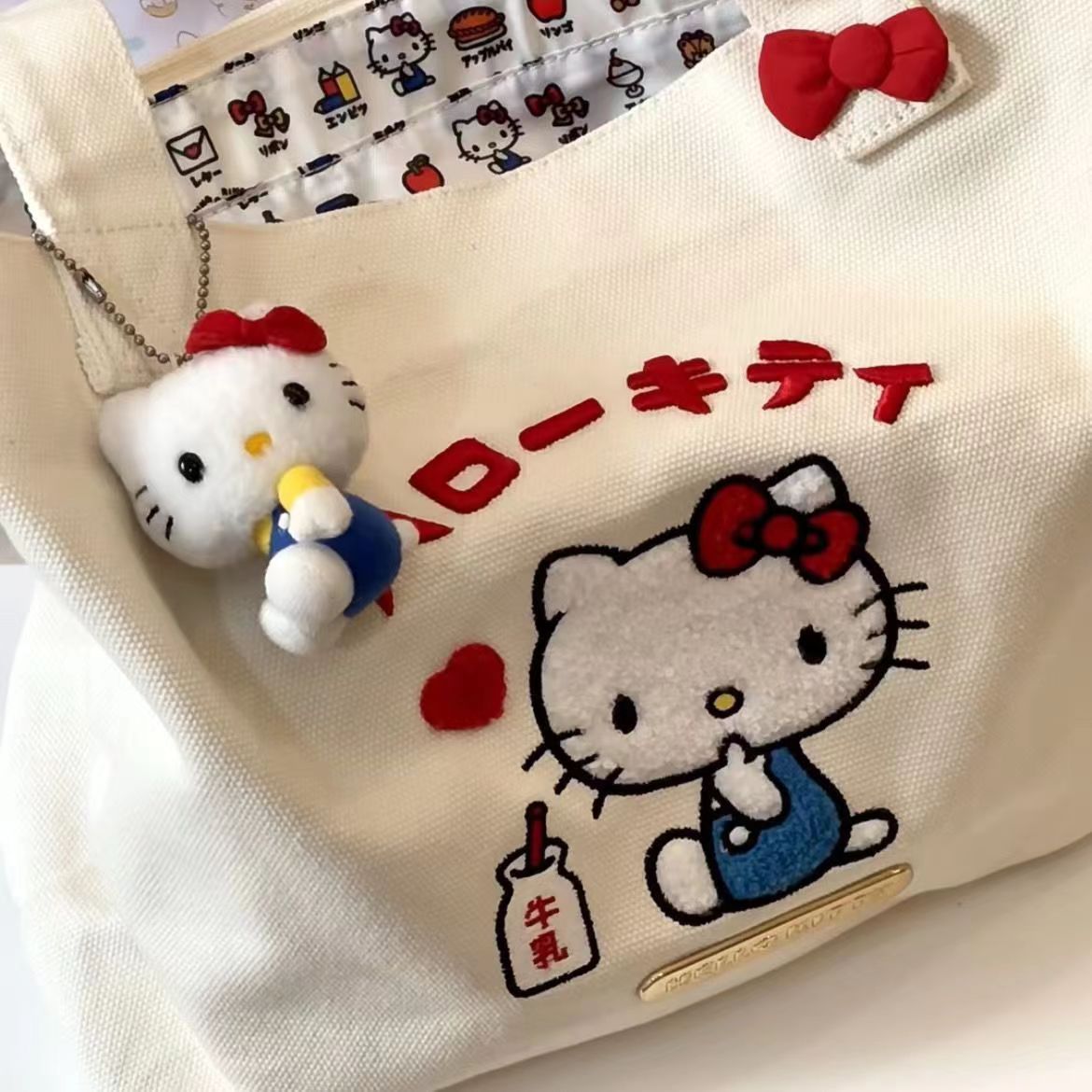 HelloKitty可愛刺繡帆布手提單肩包大容量便攜式外出購物袋托特包