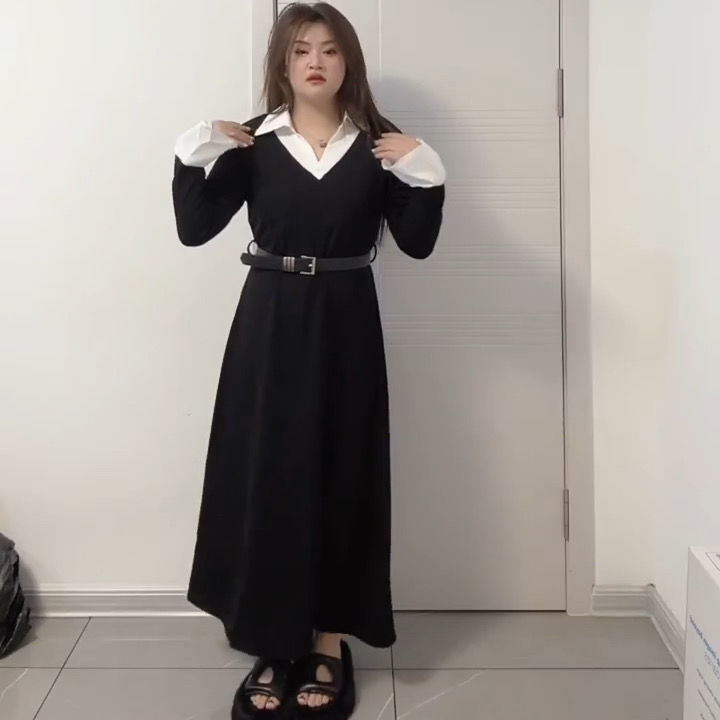 Plus size spring and autumn new hot girl black long-sleeved fake two-piece dress women's waist slimming design skirt