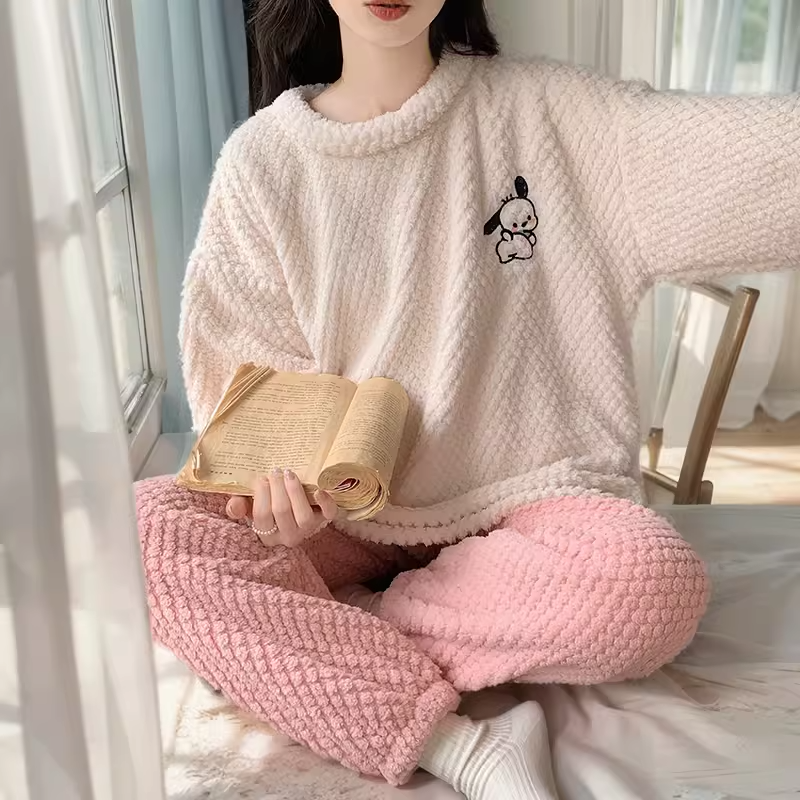 珊瑚絨睡衣女春秋冬季加厚保暖可愛法蘭絨家居服公主風卡通套裝