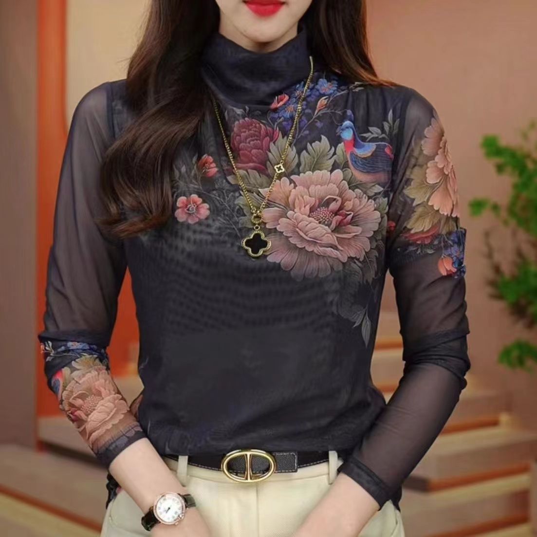2023肌膚網紗半高領打底衫高級印花長袖秋冬女內搭洋氣質長袖上衣