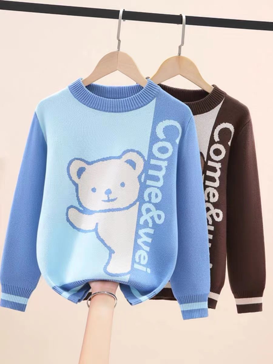 Boys' Sweater  Autumn and Winter New Children's Velvet Thickened Sweater for Medium and Large Children Western Style Boy's Winter Sweater