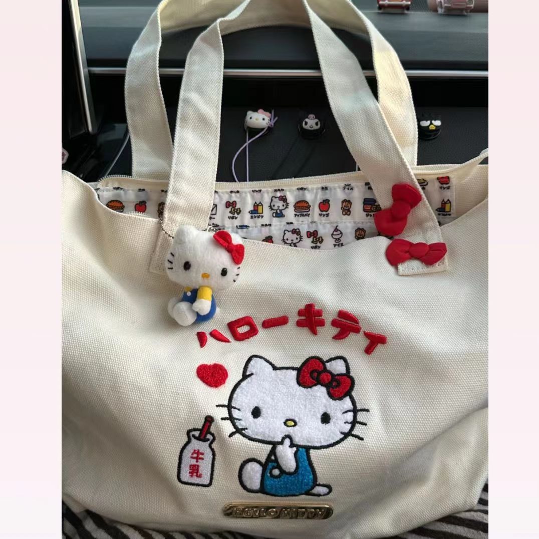 HelloKitty可愛刺繡帆布手提單肩包大容量便攜式外出購物袋托特包