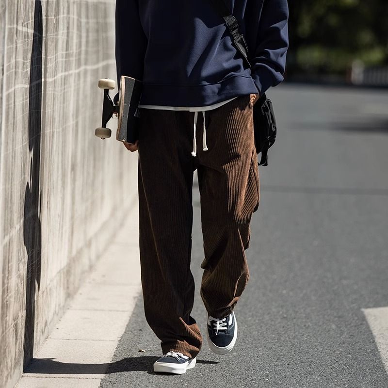 咖色燈芯絨褲男潮牌vibe垂感寬鬆直筒休閒褲子男春秋季新款闊腿褲