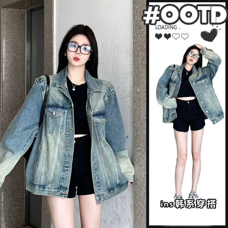 American retro washed denim jacket for women oversize spring and autumn new design sense BF style niche workwear top