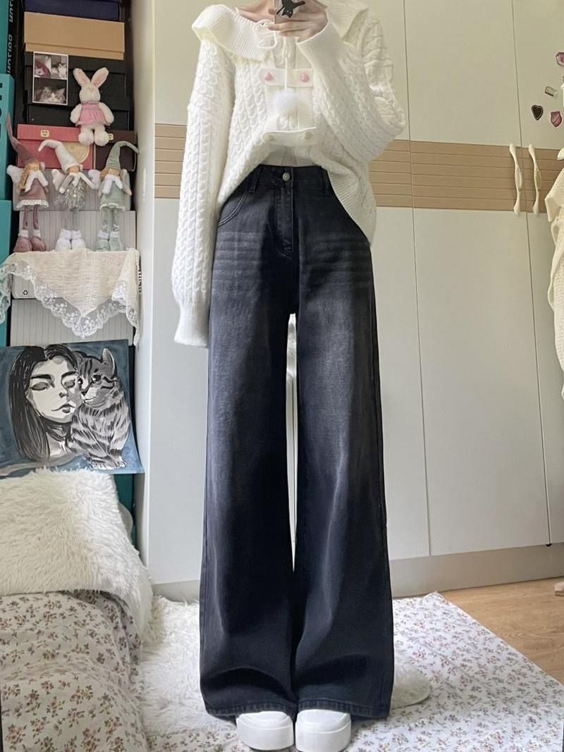 做舊梨形身材穿搭闊腿牛仔褲女辣妹水洗直筒寬鬆垂感拖地褲子ins