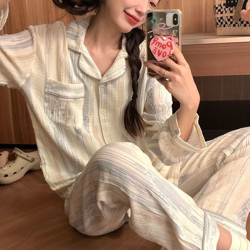 睡衣女士春秋季2023年新款泡泡皺學生甜美長袖長褲寬鬆家居服套裝