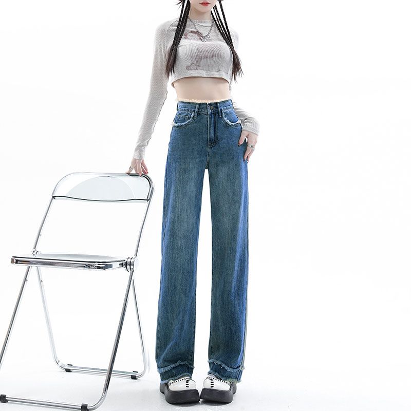 小個子拖地復古藍毛邊高腰牛仔褲女顯高2023新款直筒寬鬆闊腿褲潮