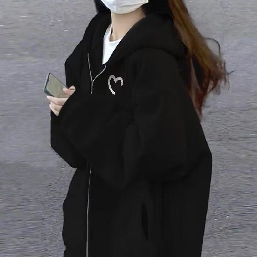 春秋季黑色連帽衛衣開衫女韓系垂墜感慵懶風oversize加絨加厚外套