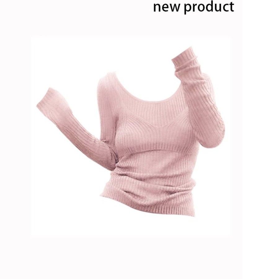  Autumn and Winter New Slim Fit Hot Girl Sweater Women's Fashion Back Strap Fake Two-Piece Knitted T-Shirt Women Maillard