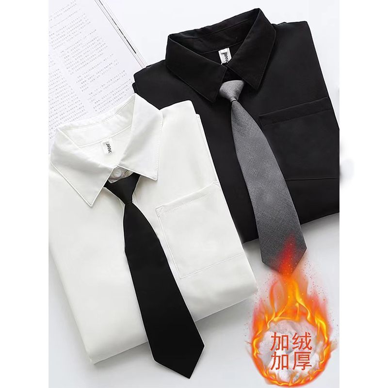 學院風領帶襯衫白色秋冬長袖保暖加絨加厚打底一體絨polo領上衣女