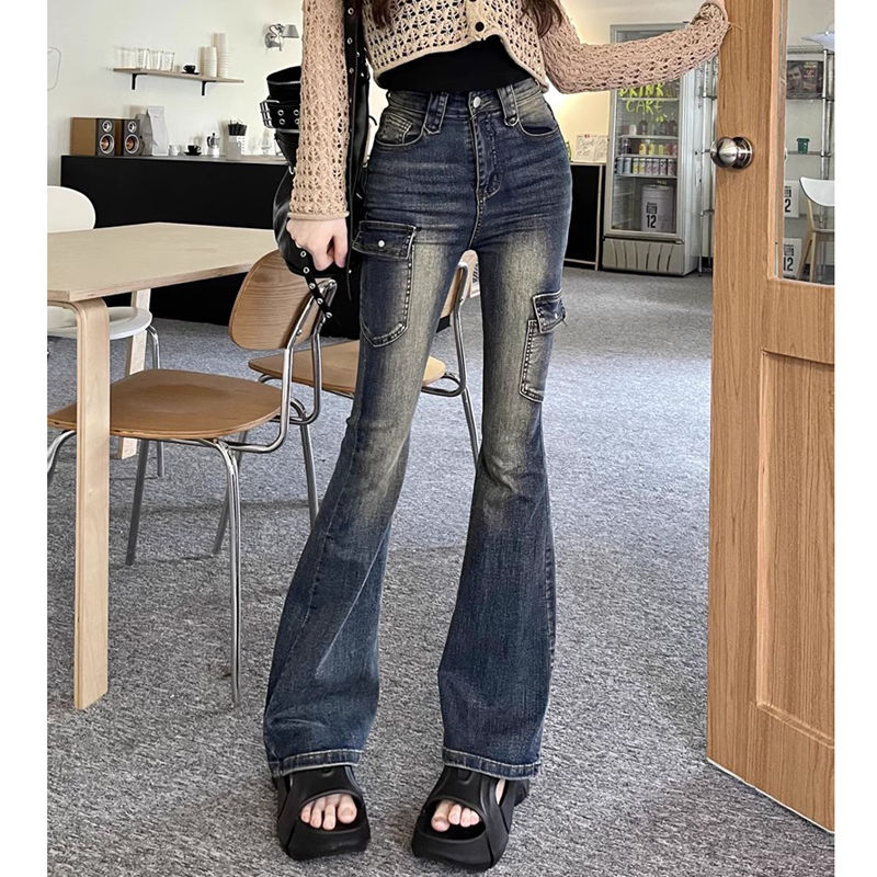 辣妹復古做舊微喇叭牛仔褲女秋季小個子彈力高腰顯瘦馬蹄拖地長褲