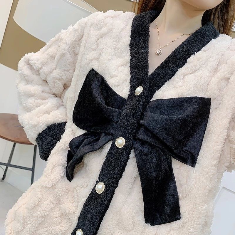 小香風珊瑚絨冬季睡衣女可愛甜美加絨加厚法蘭絨家居服外穿居家服