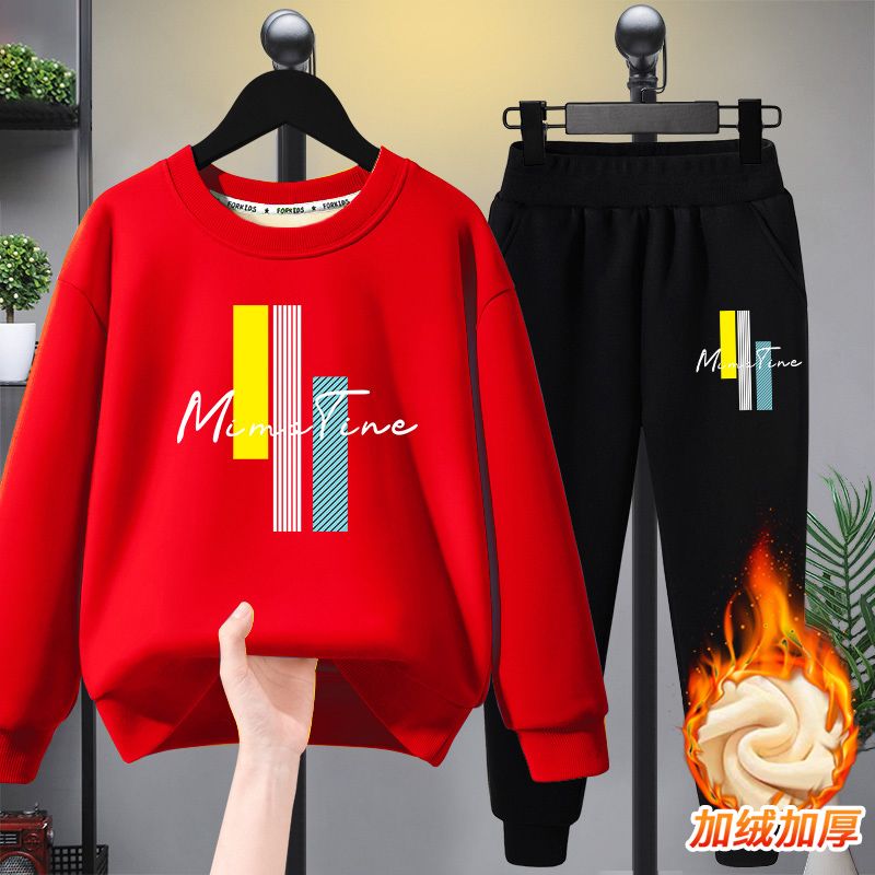 Boys' winter sweatshirt, trousers and velvet suit 2023 new style western style printed trendy clothes for middle and older children warm sportswear